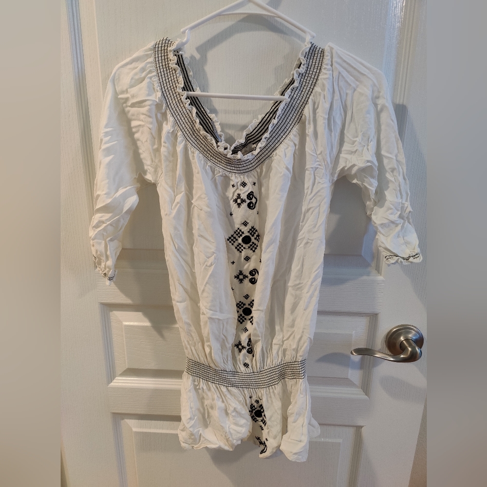 White and Black Embroidery Gems Round Neck Off Shoulder Cinched Waist Blouse